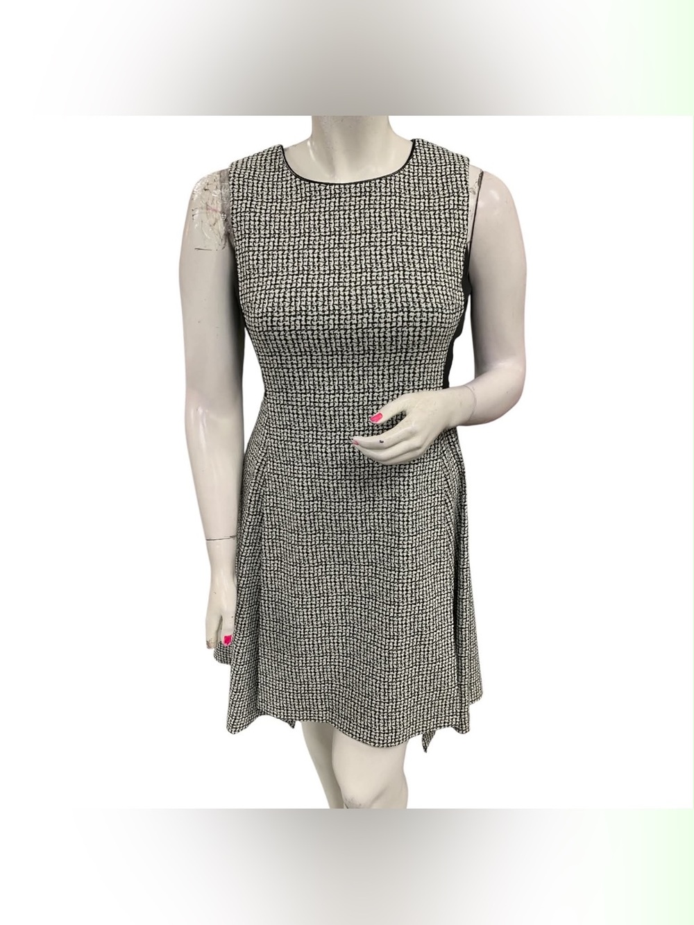 DKNY Black and White Tweed Sleeveless Fit-and-Flare Dress Size L